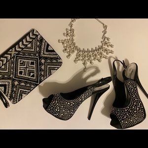 Black Beaded Slingback Platform Heels - Size 7.5